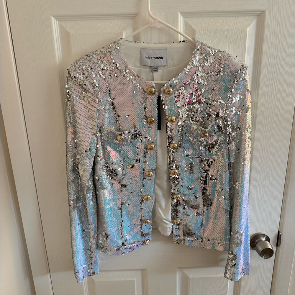 Fashion Nova Iridescent Sequin Blazer - Silver and Pink (Iridescent)